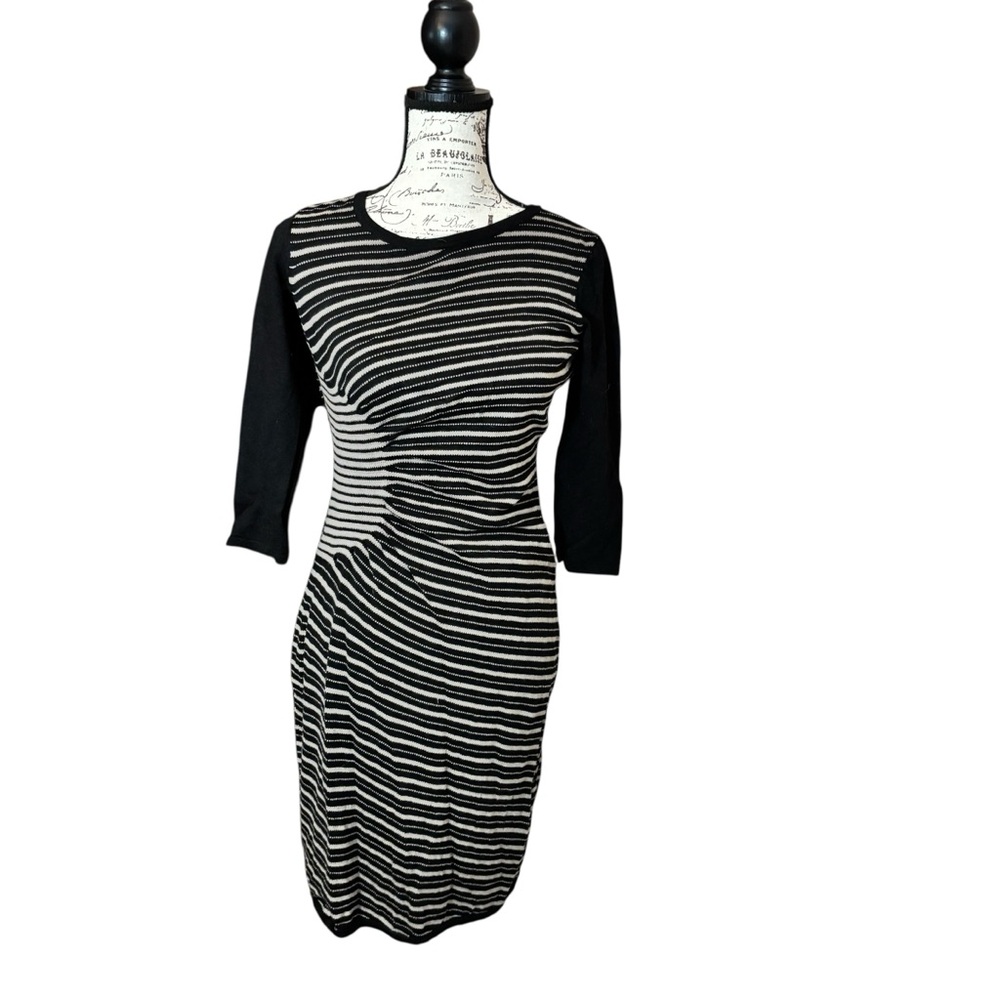 LOFT Black and Tan Striped Sweater Dress